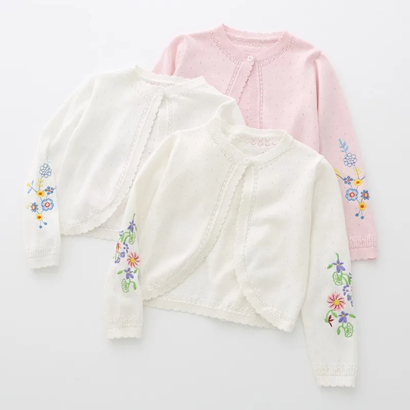 1-11yrs White Children Girls Cardigan Sweater Embroidery 100% Cotton Girls Jaket Coat 2 3 4 6 8 Years Old Kids Clothes RKC185005