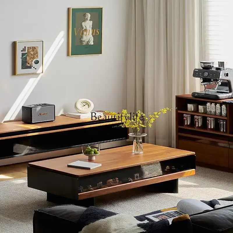 

FG26*Nordic living room cherry wood solid wood rock slab coffee table with lighting atmosphere modern black rectangle