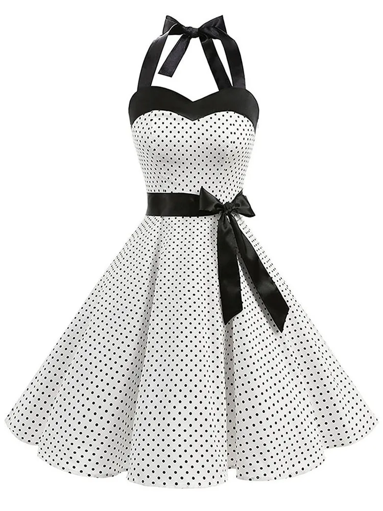 Kobiety Polka Dot Print Summer Dress Sexy Retro White Halter Vintage Dress Robe Femme Pin Up Rockabilly Party Dress
