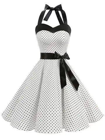 Damklänning med prickigt tryck, sexig retro, vit halterneck, vintageklänning, rockabilly-festklänning, feminin, pin up-klänning 6 best sales pinup-klänning - №1