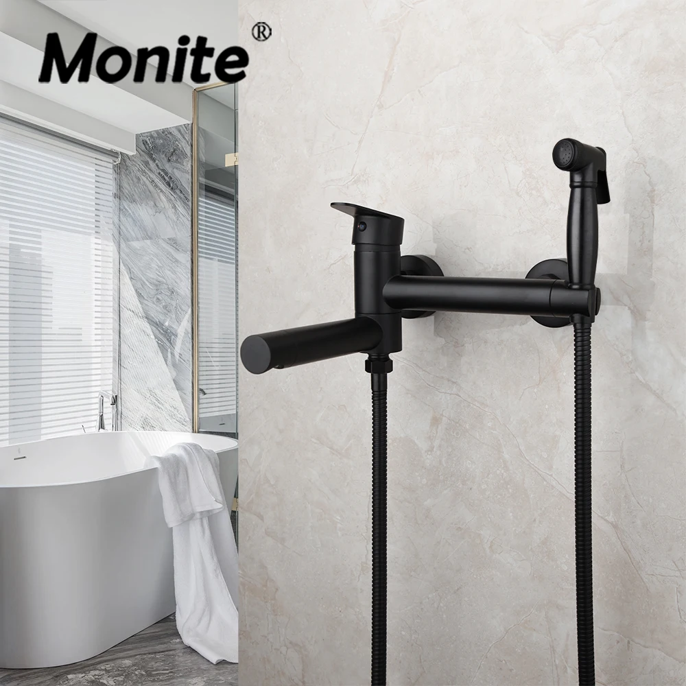 

Monite Bathroom Shower Faucet Set Matte Black Wall Mounted Rainfall Bath Mixer Hot And Cold Length Outlet Rotating Bathtub Tap