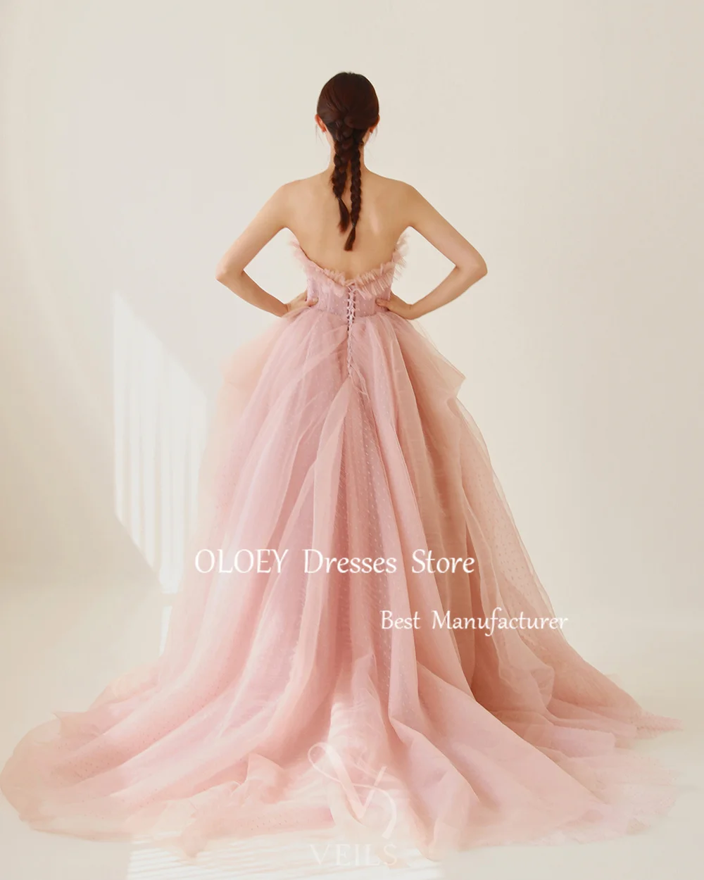 OLOEY Strapless Pink A Line Prom Dress Korea Wedding Photoshoot Sleeveless Long Party Dress Pleats Dots Tulle Custom Made