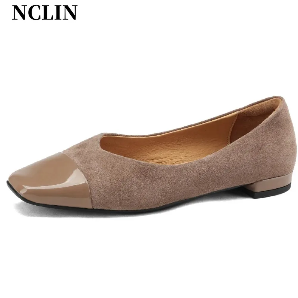 

NCLIN Spring Autumn Basic Women Pumps Splicing Kid Suede Leather Square Toe Low Heels Concise Office Ladies Casual Shoes Woman