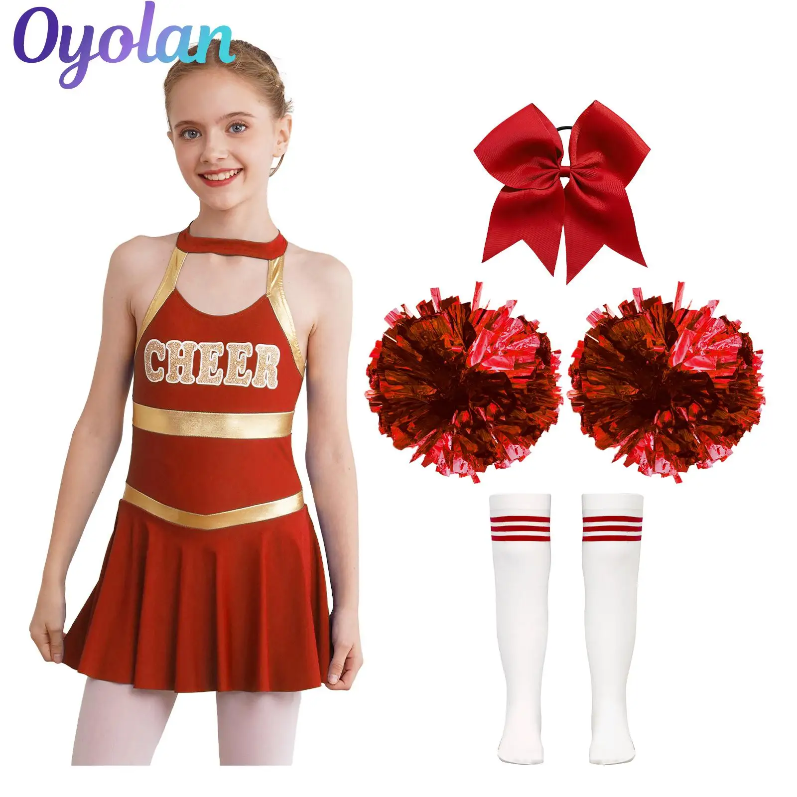 

Kids Girls Cheerleader Costume Cheerleading Uniform Cheer Dance Outfits Letter Print Hollow Back Ballet Leotards Dance Dress