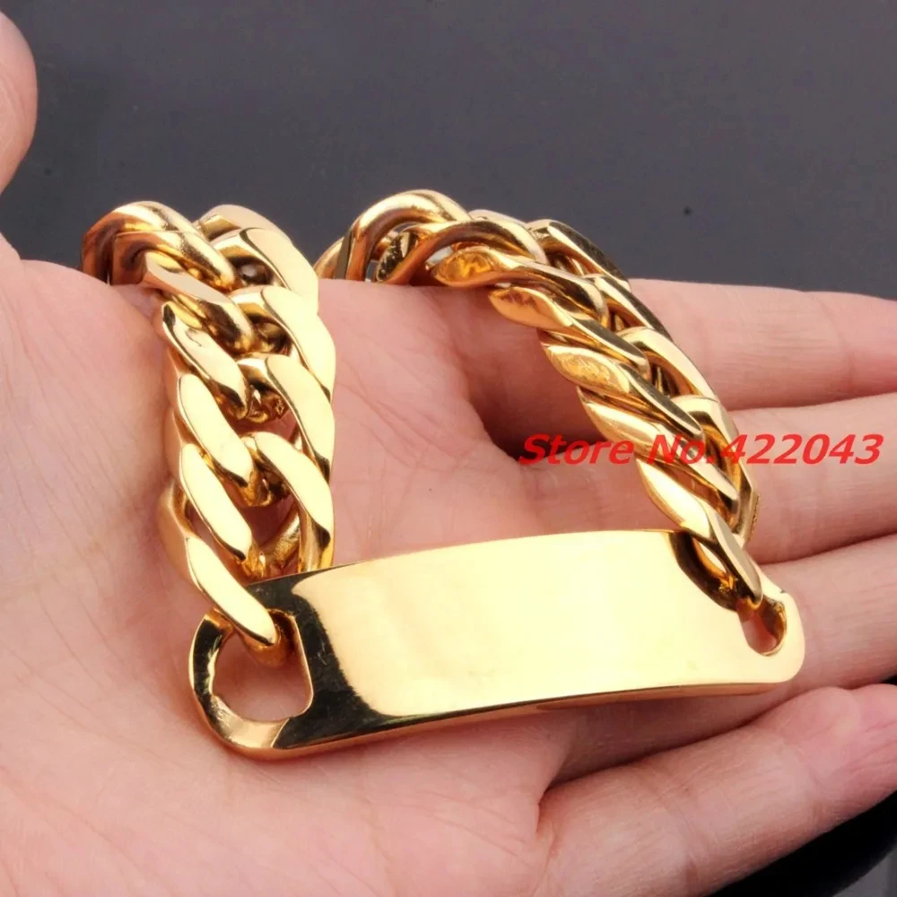 

8.66" High Polished Gold Stainless Steel Mens ID Link Bracelet Double Cuban Curb Chain Cool Men's Jewelry