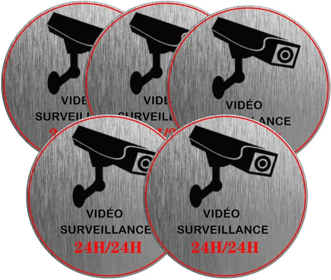 

5 шт., французские наклейки со знаком видеонаблюдения, двуязычные этикетки для камеры безопасности, 6x6 дюймов, серебристые предупреждающие этикетки для камеры, наклейка