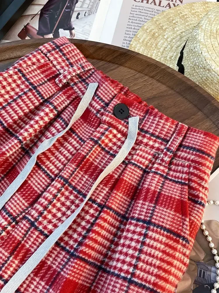 Hikigawa 2025 Spring Plaid High Waist Women Pants Chic Fashion Harajuku Drawstring Wide Leg Trousers Loose Vintage Pantalones