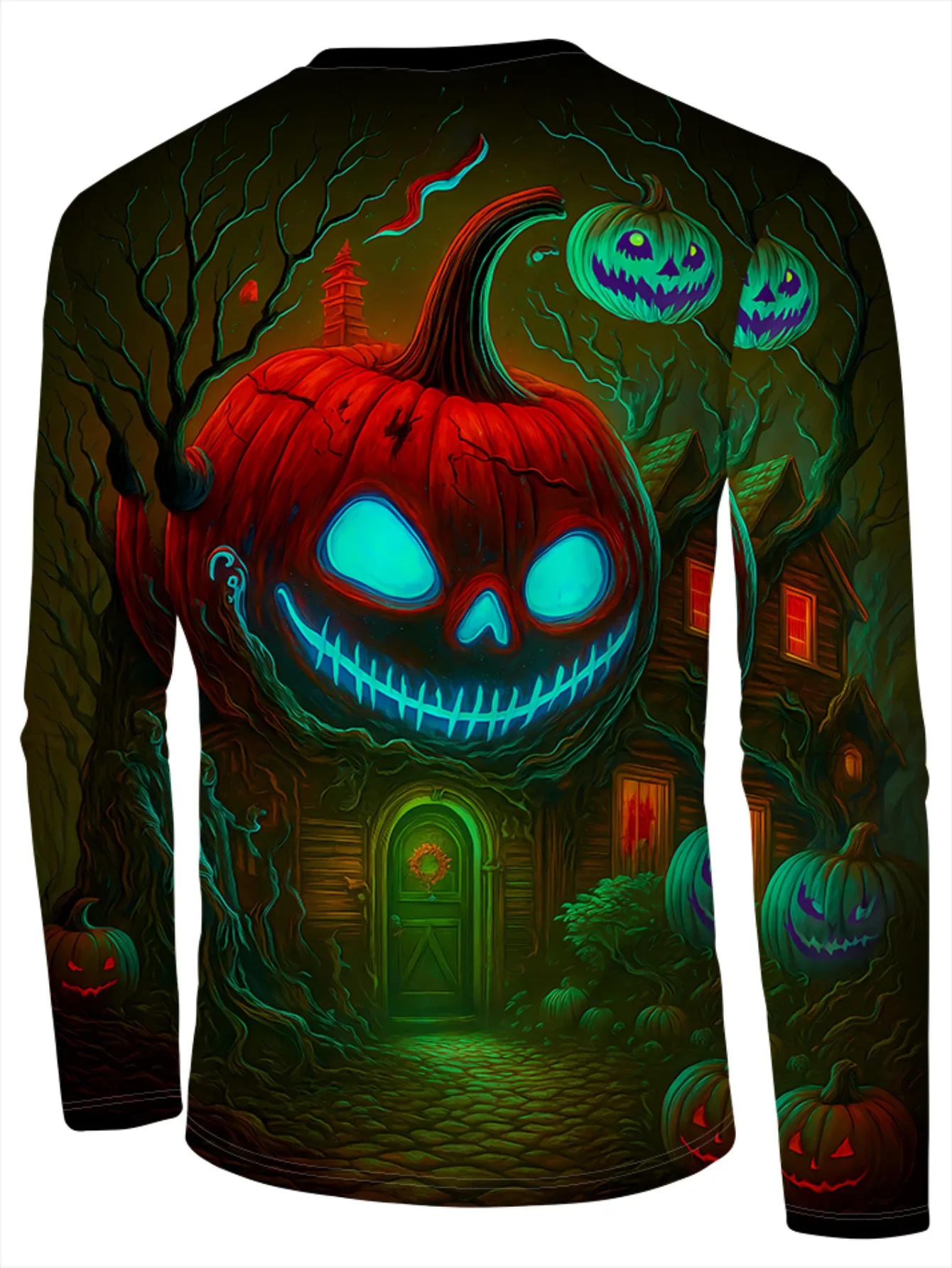 Men Long Sleeve T‑Shirt Glowing Pumpkin Haunted House Dead Tree Print Crew Neck Halloween Casual Tops