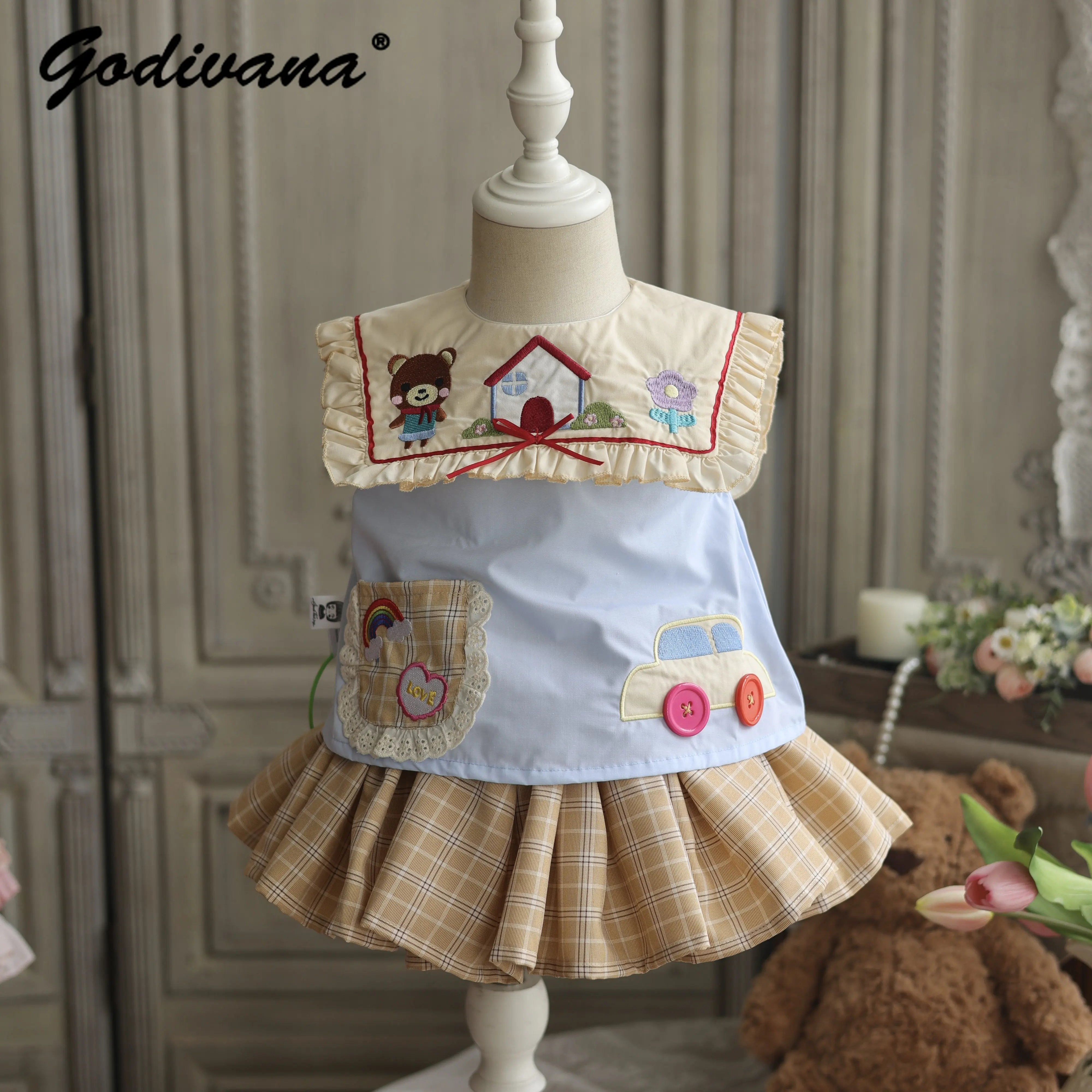 Original Sweet Cute Baby Girls Cartoon Bear Print Jk 2pcs Outfit 2026 Summer New Fashion Kids Sleeveless Blouse and Plaid Skirt