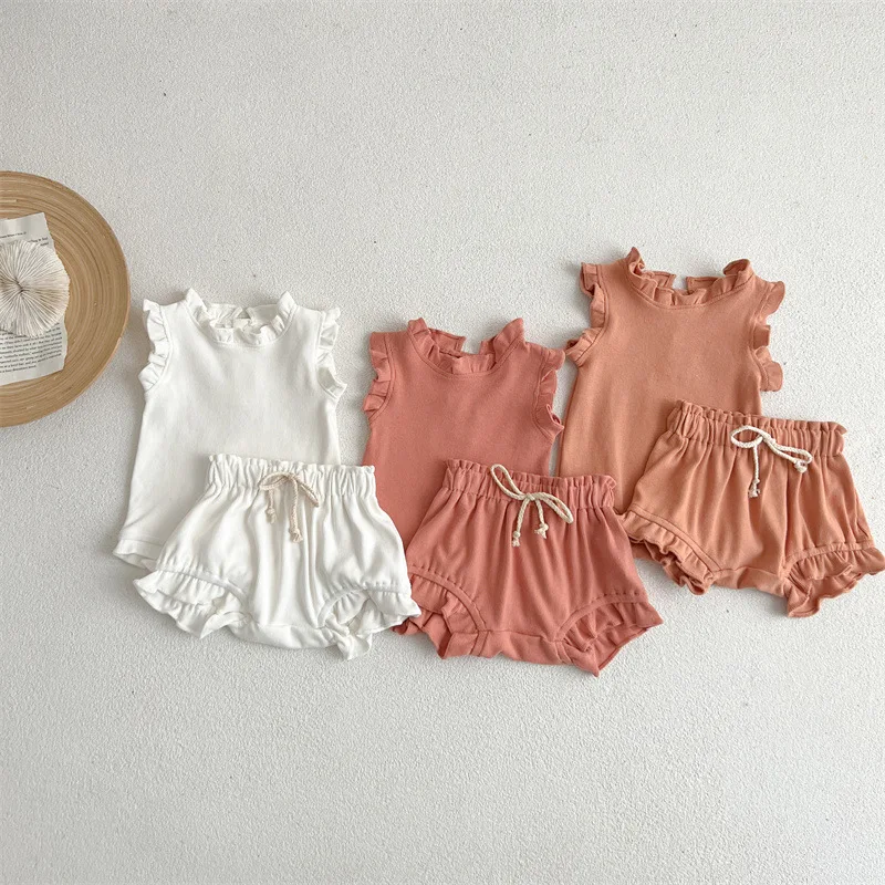 

2Pcs Infant Baby Girl Clothes Set Waffle Cotton Ruffle Newborn Vest Romper Tops Bloomer Shorts Suit Baby Summer Outfits Clothing