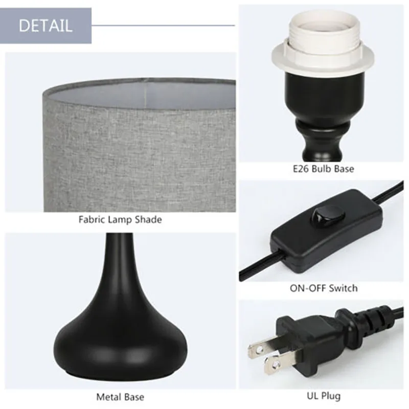 Lampu meja samping tempat tidur, lampu meja berdiri logam hitam Modern dengan kap lampu Linen abu-abu, Set lampu kecil 2 untuk ruang tamu