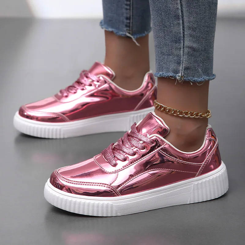 Metallic Gold Patent Leather Sneakers for Men Women, Shiny Low Top Lace Up Platform Skate Shoes, Glossy Fashion Casual Walking