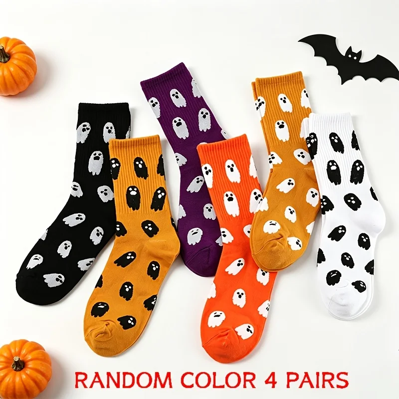 4 Pairs Random Halloween Ghost Socks-Cute Spooky Prints,Unisex Crew Soft&Cozy Holiday Socks for Couples, Casual Fall Winter Wear