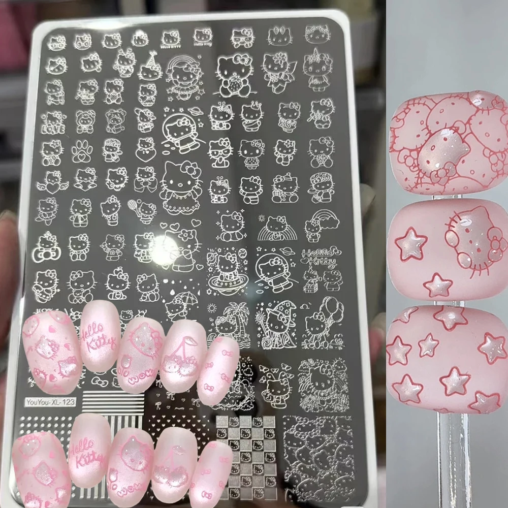 5D Cartoon Hello Kitty Nail Art Stamping Plate Adesivo Cute Bow Kitty Design Grande stampa in acciaio inossidabile Stamp Template Strumenti per unghie