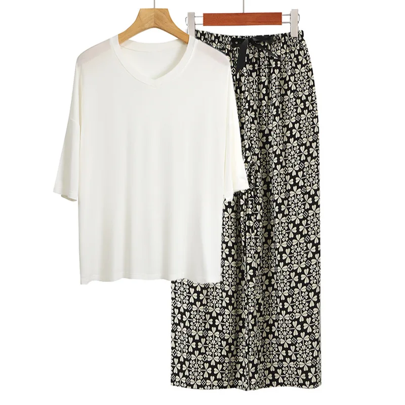 

Комплект женской домашней одежды из модала: пижама для сна весна-лето, свободный повседневный костюм с коротким рукавом и брюками