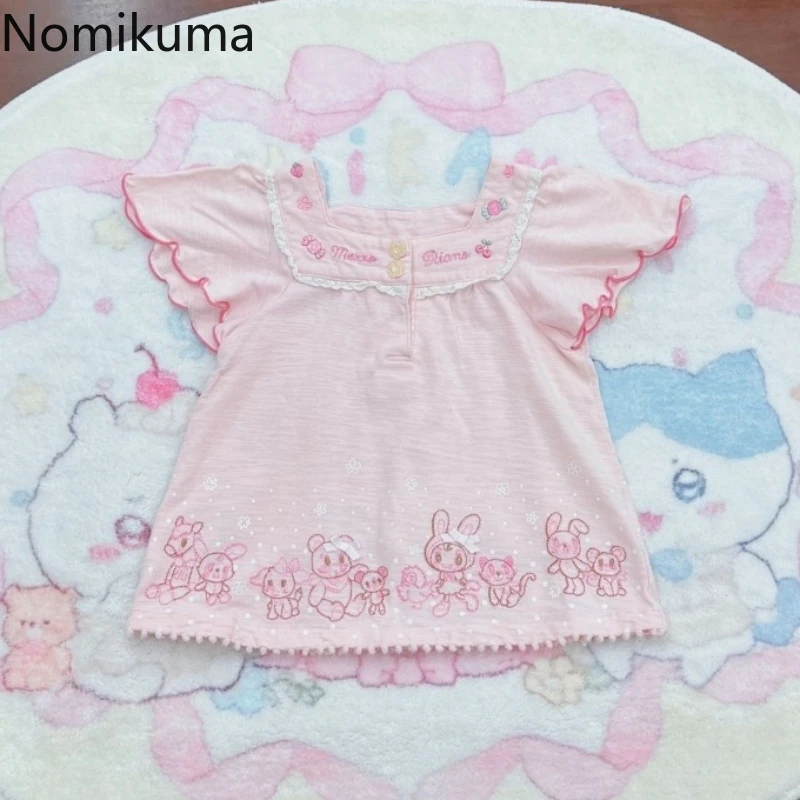 ملابس حريمي Y2k بلايز تحلق كم ساحة طوق الصيف Camisetas عادية شيك أرنب تي شيرت مطبوع اليابانية الحلو لطيف القمم #1