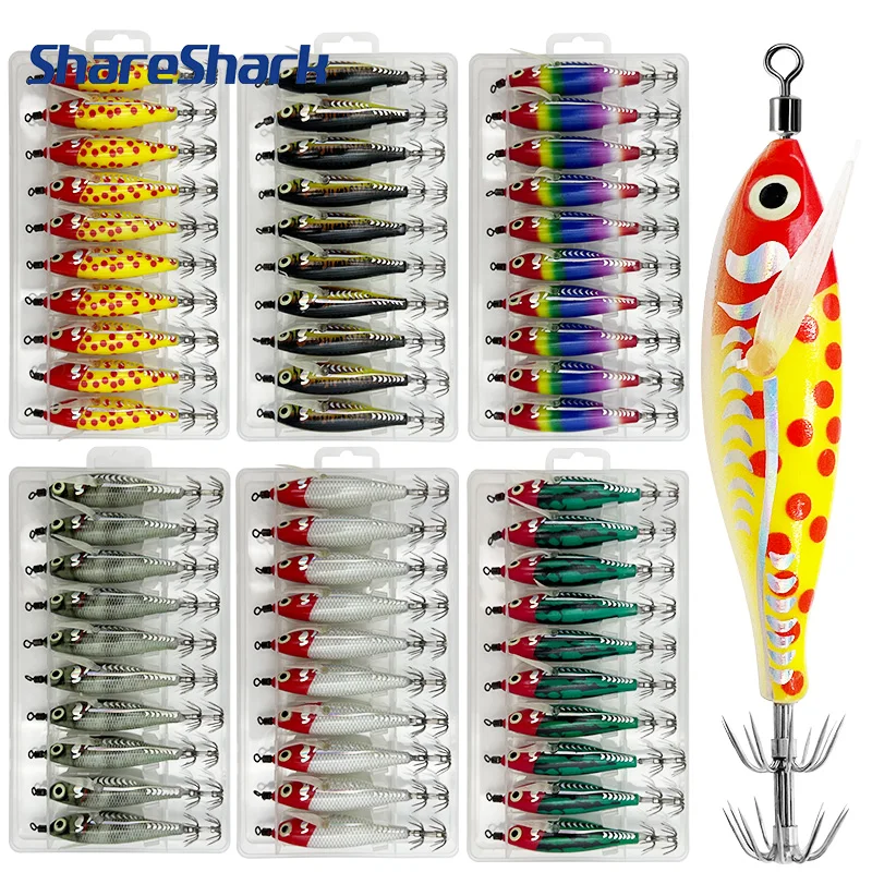 ShareShark 10Pcs/Box Squid Jig Set 8cm Luminous UV Shrimp Lure Horizontal Fishing Bait For Cuttlefish Octopus Sea Tackle