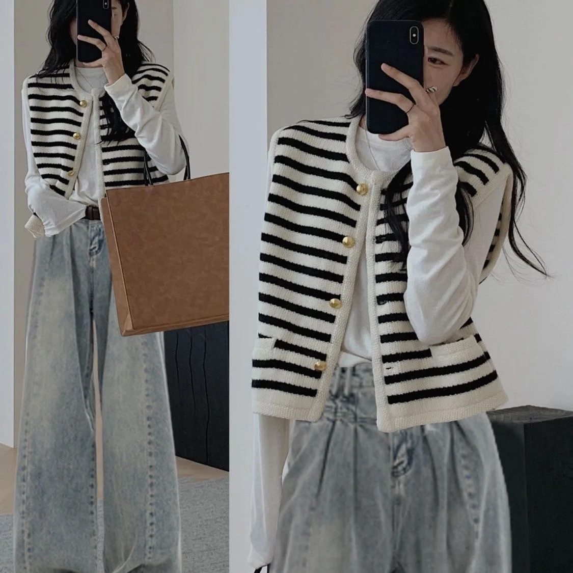 

Preppy Sle Knitted Sweater Vest Striped Svel Top for Women round Ne Single Button Regular Thin Commute Wear