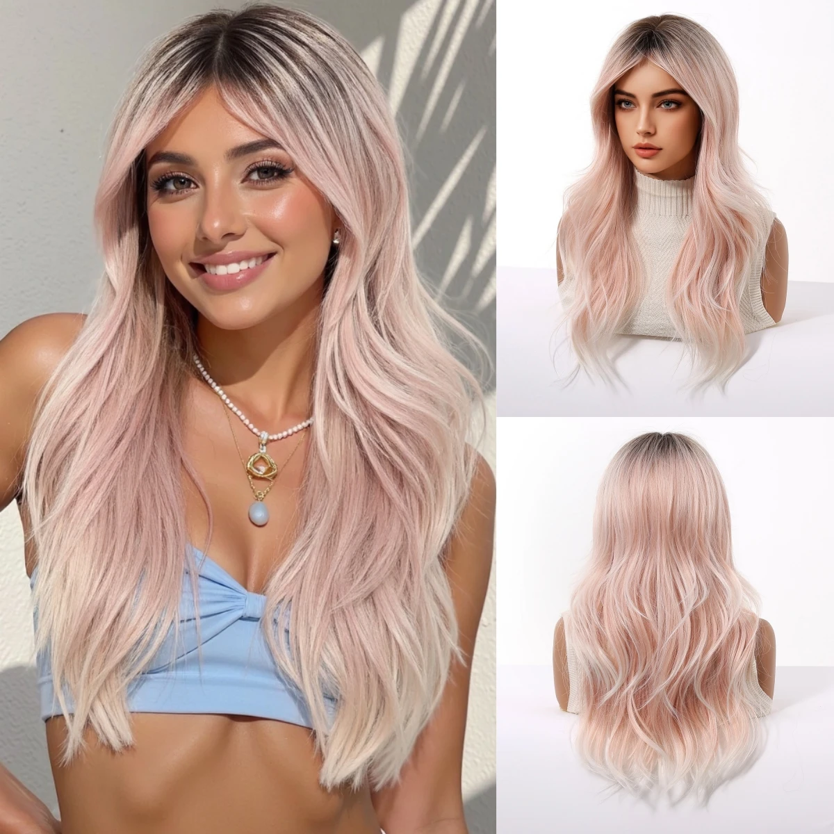 Light Pink Synthetic Wig for Women with Long Wavy Curly Heat Resistant Hair Natural Look Fake Hair for Daily Party Cosplay