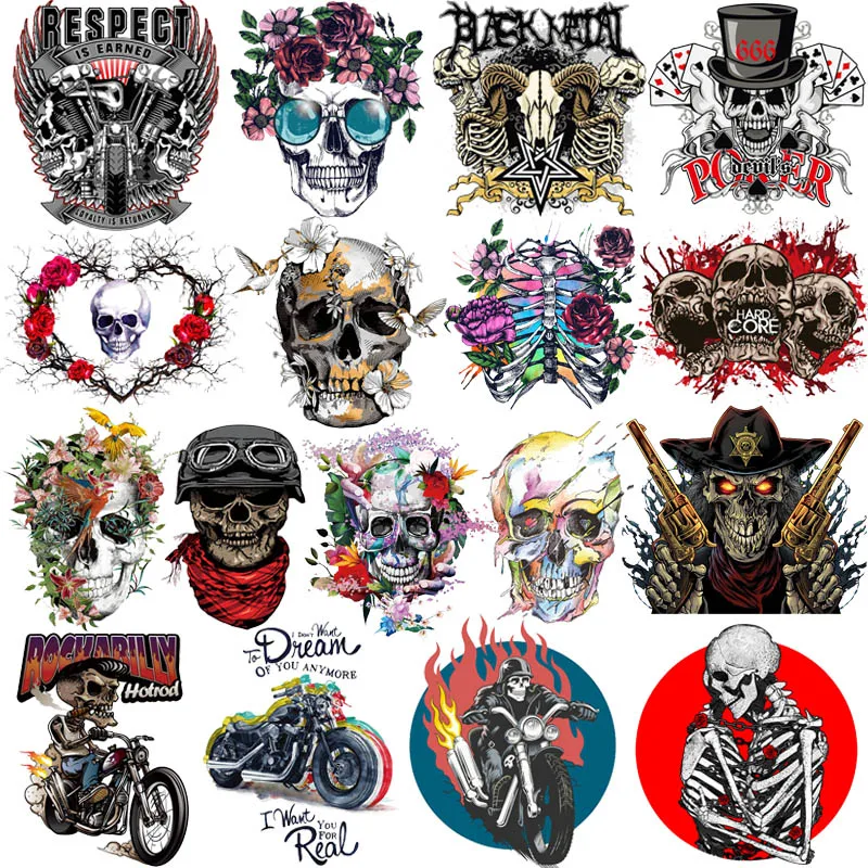 

Punk Skull Applique Iron-On Transfers Patches For Clothing DIY Rock Motorcycle Heat Transfer Thermal Stickers For Clothes Print