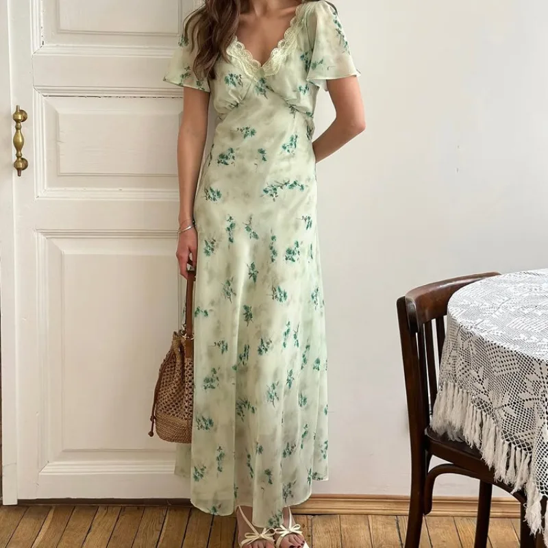 Elegantes Vintage Blumen-Maxikleid Damen Spitze V-Ausschnitt Kurzarm Hohe Taille Fließendes Langes Kleid Strand Urlaub Schickes Freizeitkleid – Detail 18