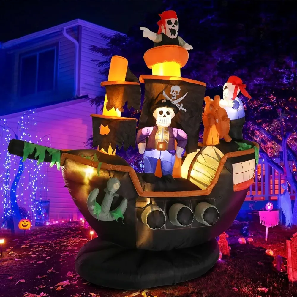 

7FT Halloween Inflatable Skeletons Ghosts on Pirate Ship Outdoor Decoration, Blow Up Decor with LED Lights for Holiday Party