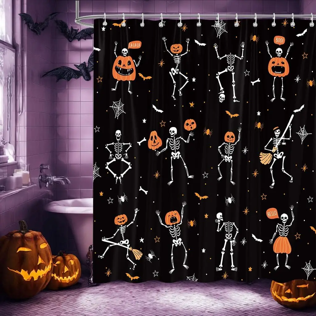 ستارة دش الهالوين القوطية المضحكة، هيكل عظمي أسود وأبيض للرقص على شكل قرع للأطفال، مقاومة للماء وقابلة للغسل #3