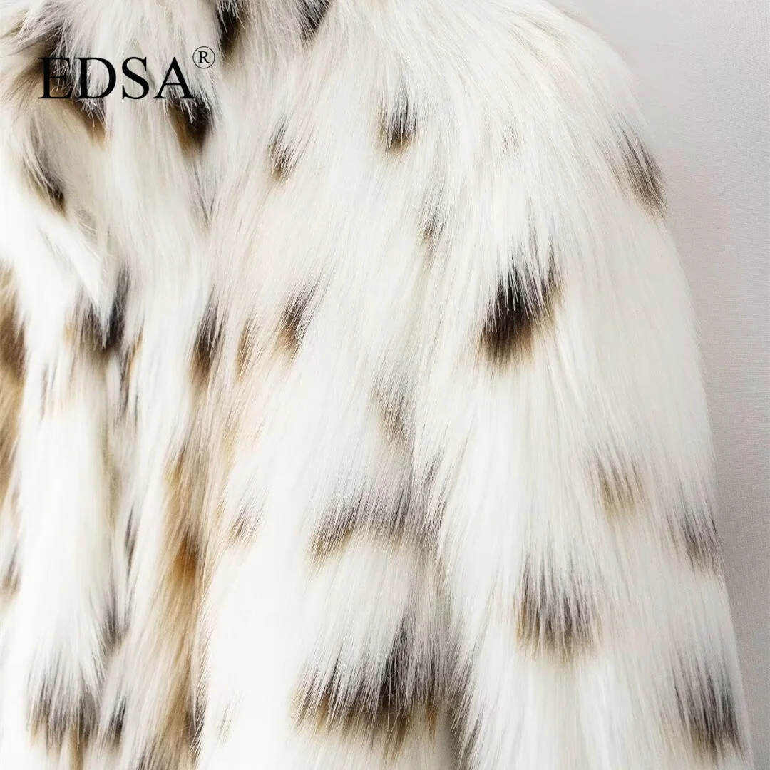 EDSA Women Luxury Faux Fur Jacket Leopard O-neck Full Sleeves Female Open Stitch Autumn Winter High Street Loose Warm Lady Coat