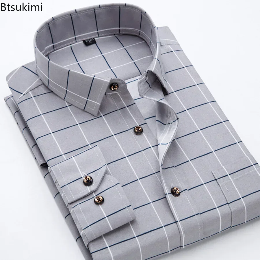 New 2024 Men\'s Plaid Shirts Long Sleeve Spring Autumn Thin Male Casual Shirt Man Printed Dress Shirt Stripe Business Shirts Male