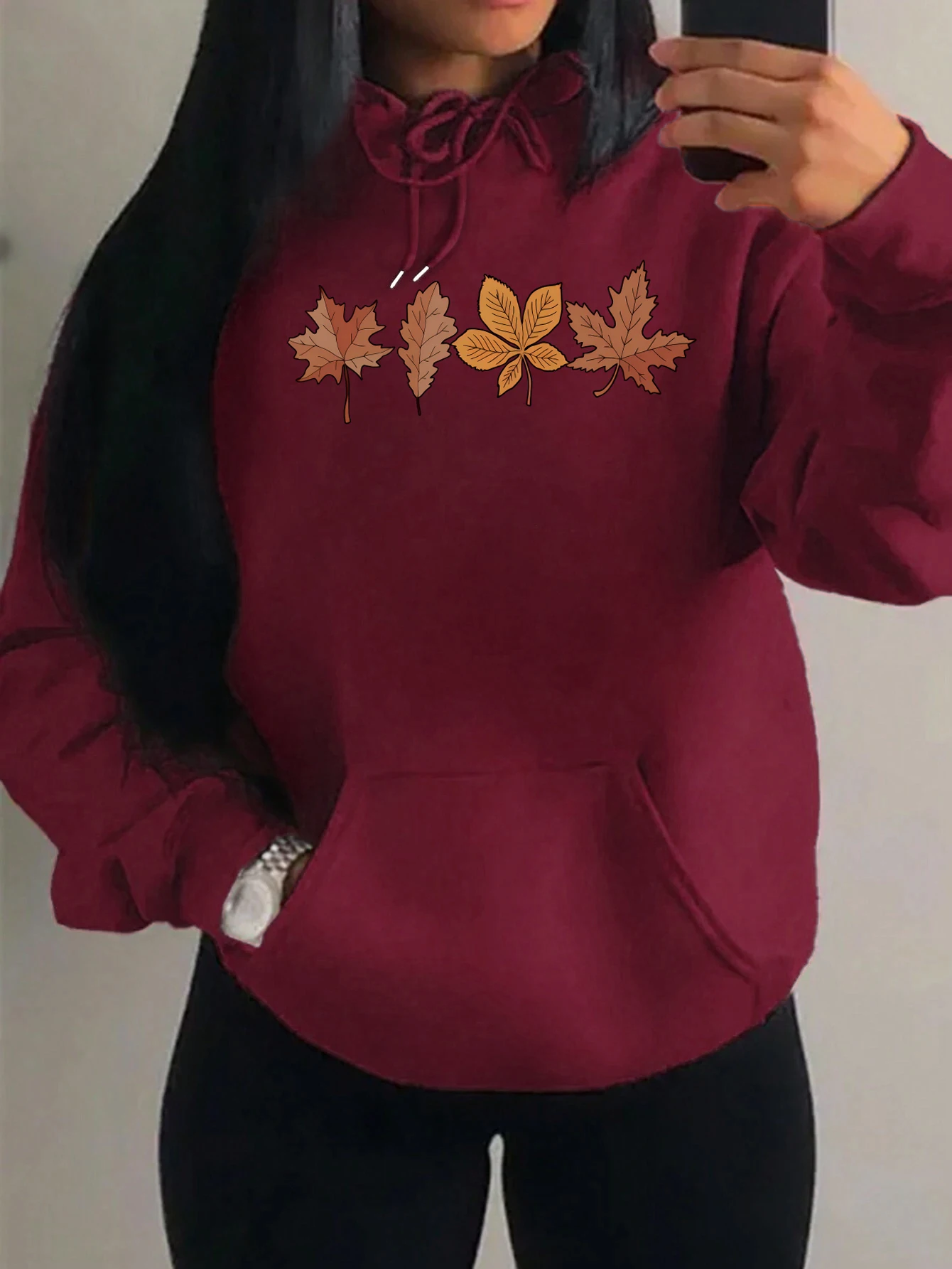 Sweat à capuche imprimé feuilles flétries créatives pour femmes Y2K, ample, multicolore, décontracté, poche, unisexe, polaire, vêtements de sport d'automne