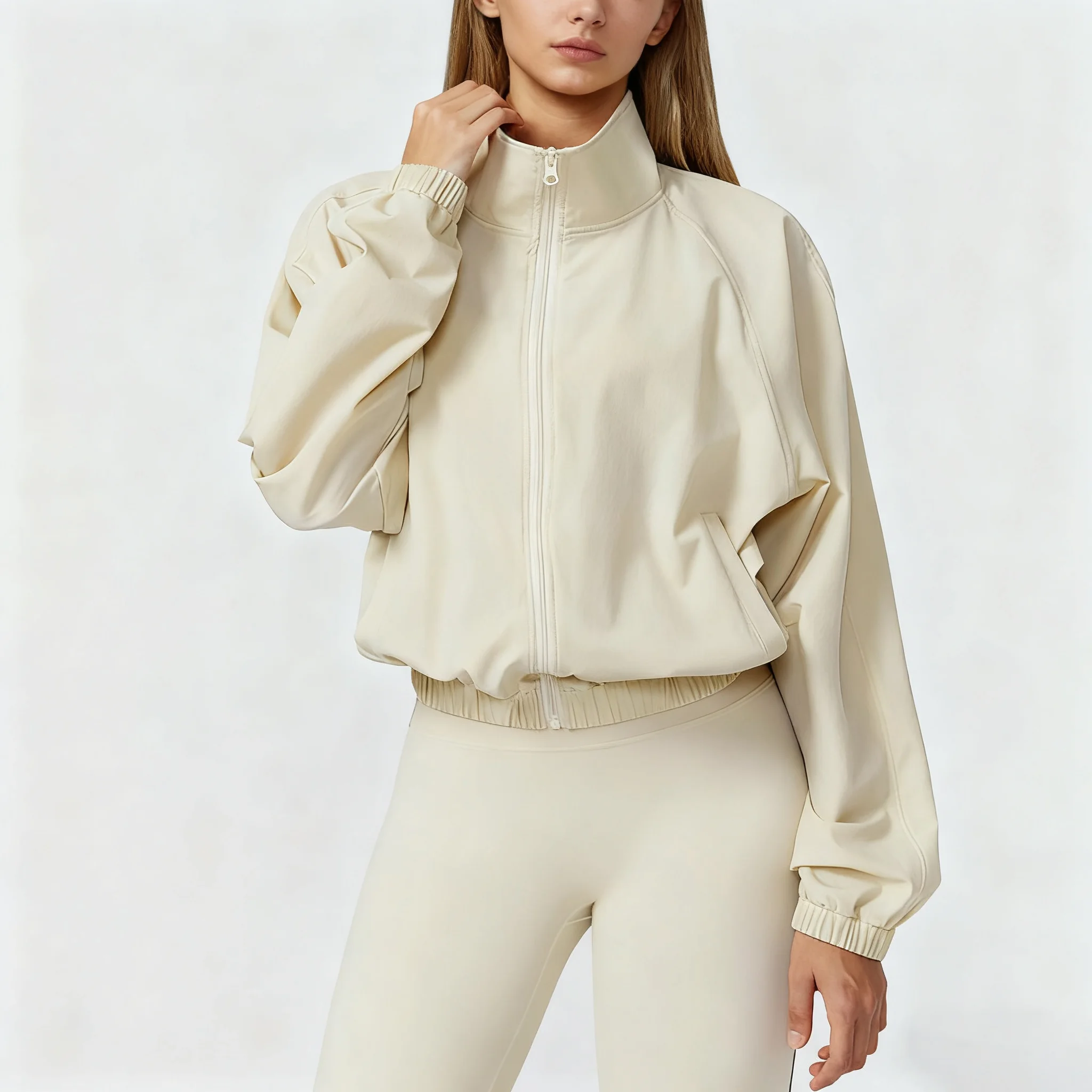 

Новая быстросохнущая спортивная куртка с воротником-стойкой, женская ветрозащитная куртка на молнии с длинными рукавами для бега на открытом воздухе, фитнеса, йоги