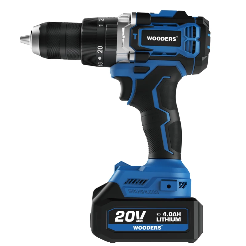 Professional Level 20V Brushless Lithium Battery Powerful Impact Drill With 2pcs 4Ah Batteries And 1pc 4A Charger