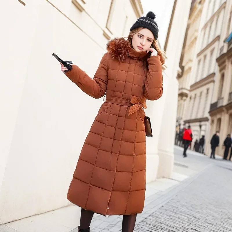 2024 Winter Jacket Female Warm Down Cotton Padded Black Parkas Long Quilted Tops Coat Women's With Hood Fur Belt Thick Jackets