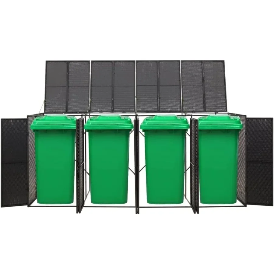 Outdoor Quadruple Wheelie Bin Shed for Garden Waste Storage, Weather-resistant Poly Rattan Material, Charcoal Gray Color, Spaci