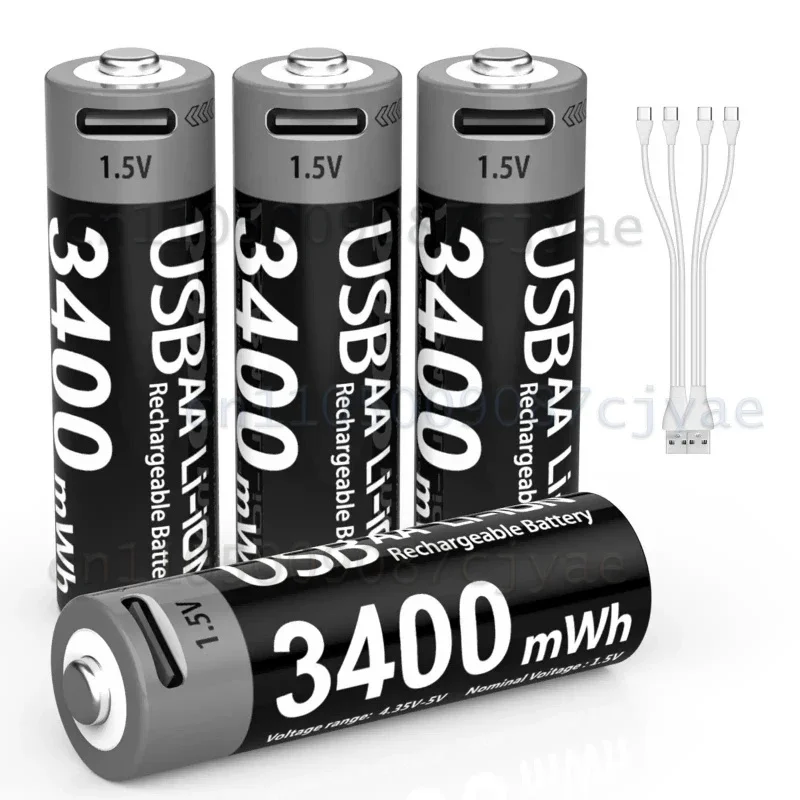 Safe Stable AA 1.5V USB Rechargeable Lithium Battery 3400mWh High Capacity Cell for Mouse Remote Control Household Gadgets