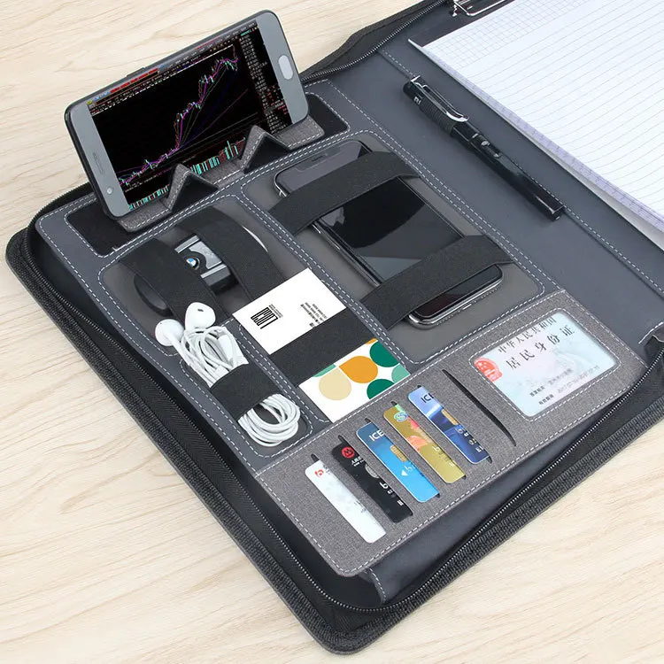 Premium Leather A4 Business Portfolio Folder with 8000mAh Power Bank, Wireless Charging Pad and LED Light, Multi Pocket
