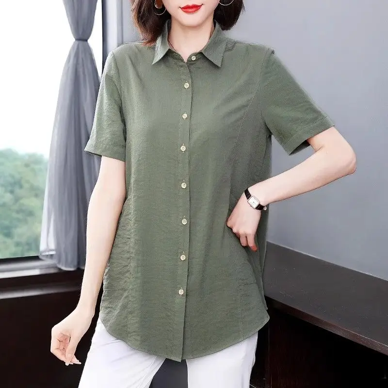 Women Summer Simplicity Loose Solid Color Polo-Neck Short Sleeve Shirts Women Clothes Casual All-match Appear Thin Elegant Tops