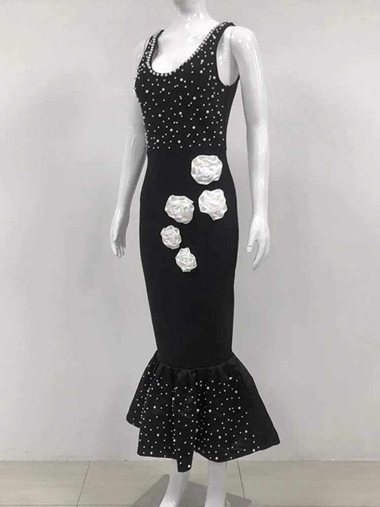 Women Celebrity Sexy Tank Pearl Flower Black Midi Mermaid Bodycon Bandage Dress 2024 Elegant Evening Club Party Dress