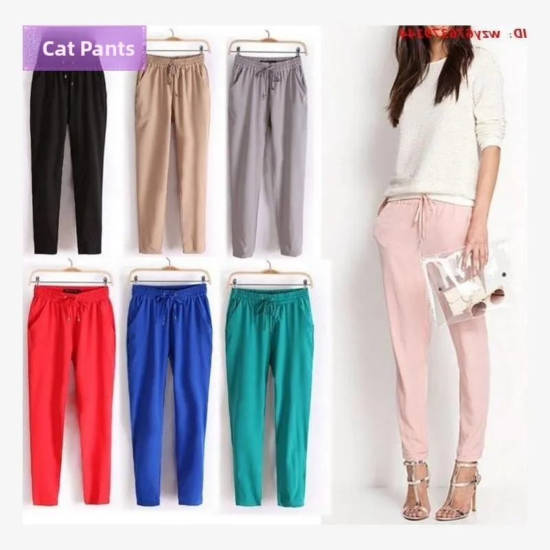 กางเกงชีฟองลำลองสำหรับผู้หญิง ฤดูร้อน ผ้าบาง เอวต่ำ ความยาวเก้าส่วน ทรงฮาร์แลน หวาน สไตล์หวาน ผลิตจากเส้นใยโพลีเอสเตอร์ 100%