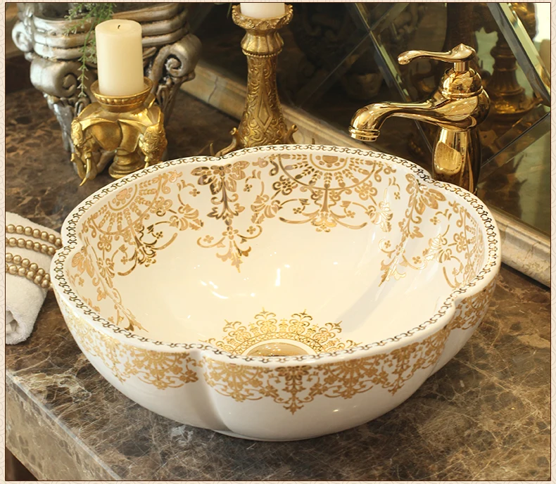 

China Procelain wash basin sink Lavabo ceramic art sinks Countertop wash basin gold porcelain ceramic wash basin bathroom sink