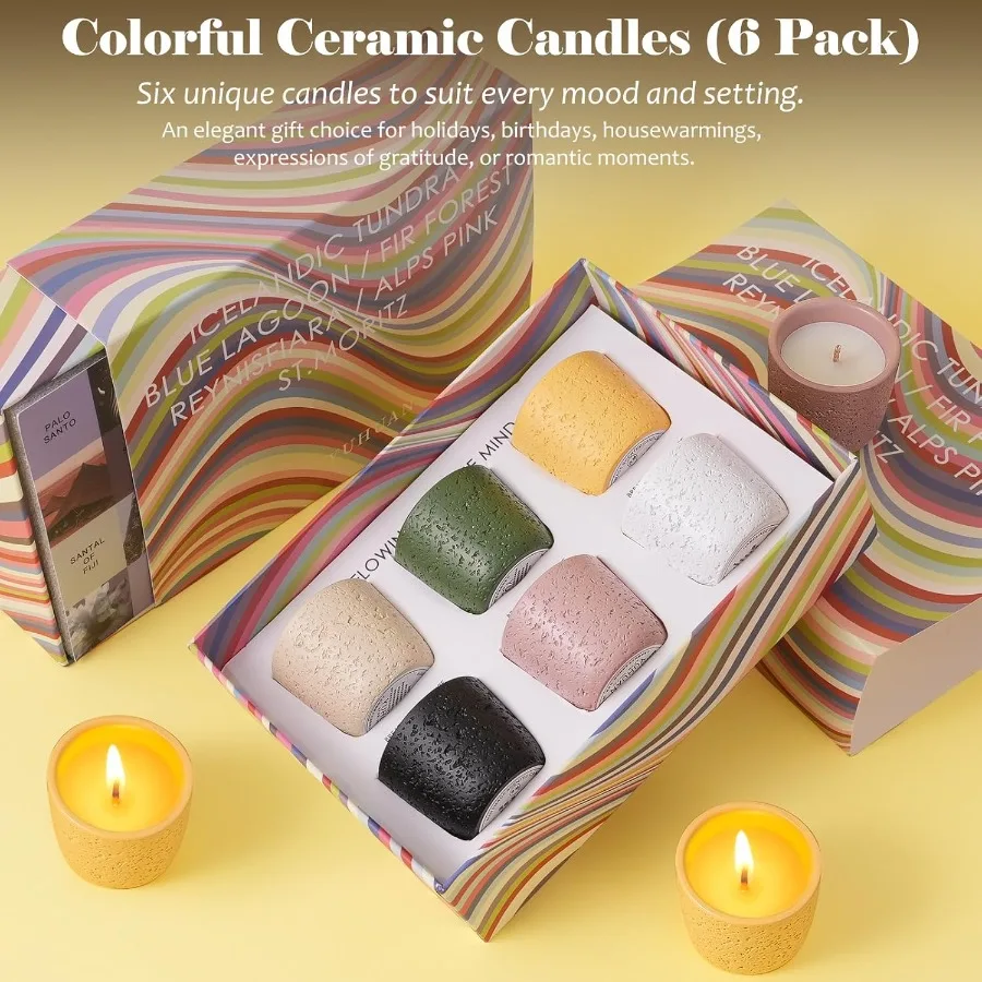 Scented Candle Set of 6 Natural Soy Wax with Essential Oils Long Lasting Aromatherapy Candles in Small Ceramic Jars Perfect for