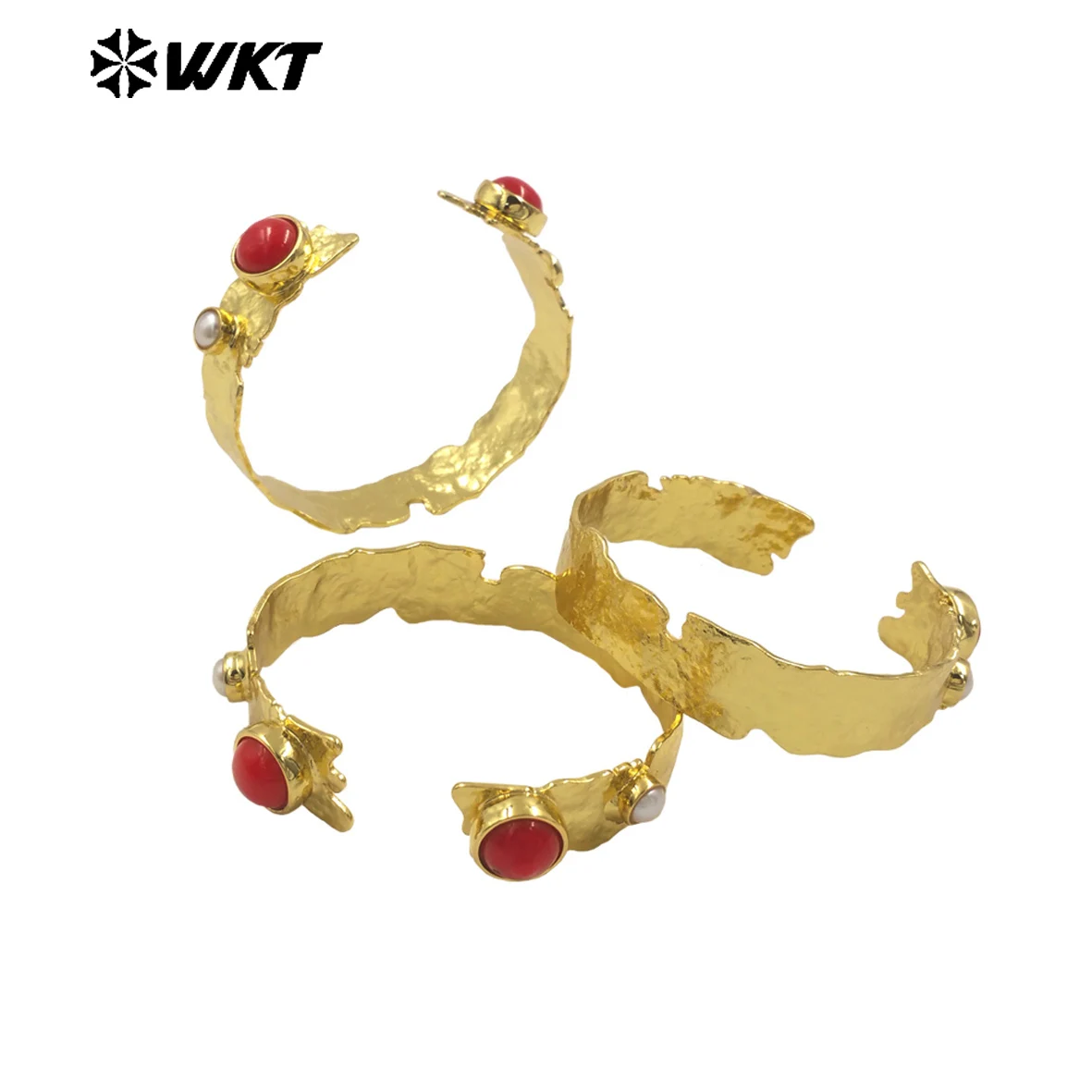 MPB110 Wholesale New Design Bohemian Vintage Natural Red Coral Double Stone Adjustable 18K Gold Plated Women Bangle