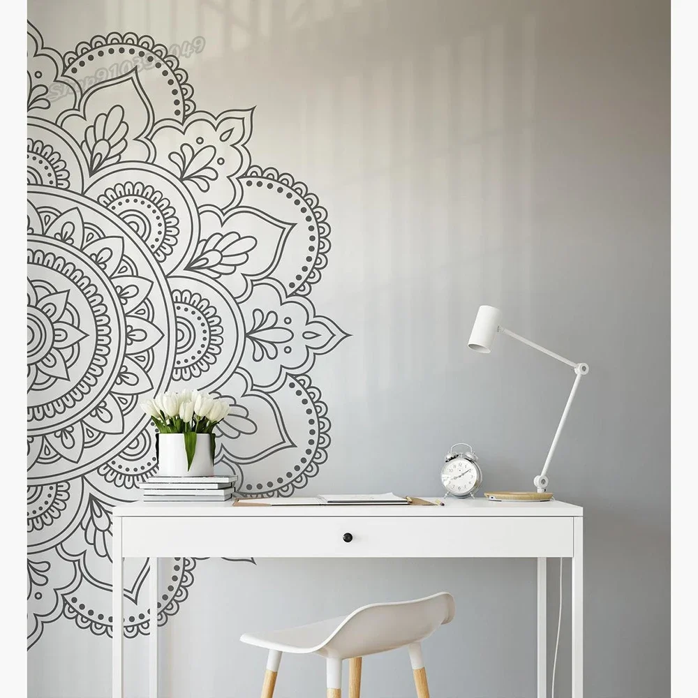 Boho Mandala na ścianę naklejka duża pół Mandala na ścianę naklejka Mandala naklejki winylowe dekoracje ścienne do domu Studio naklejki dekoracyjne C889 — zdjęcie 3
