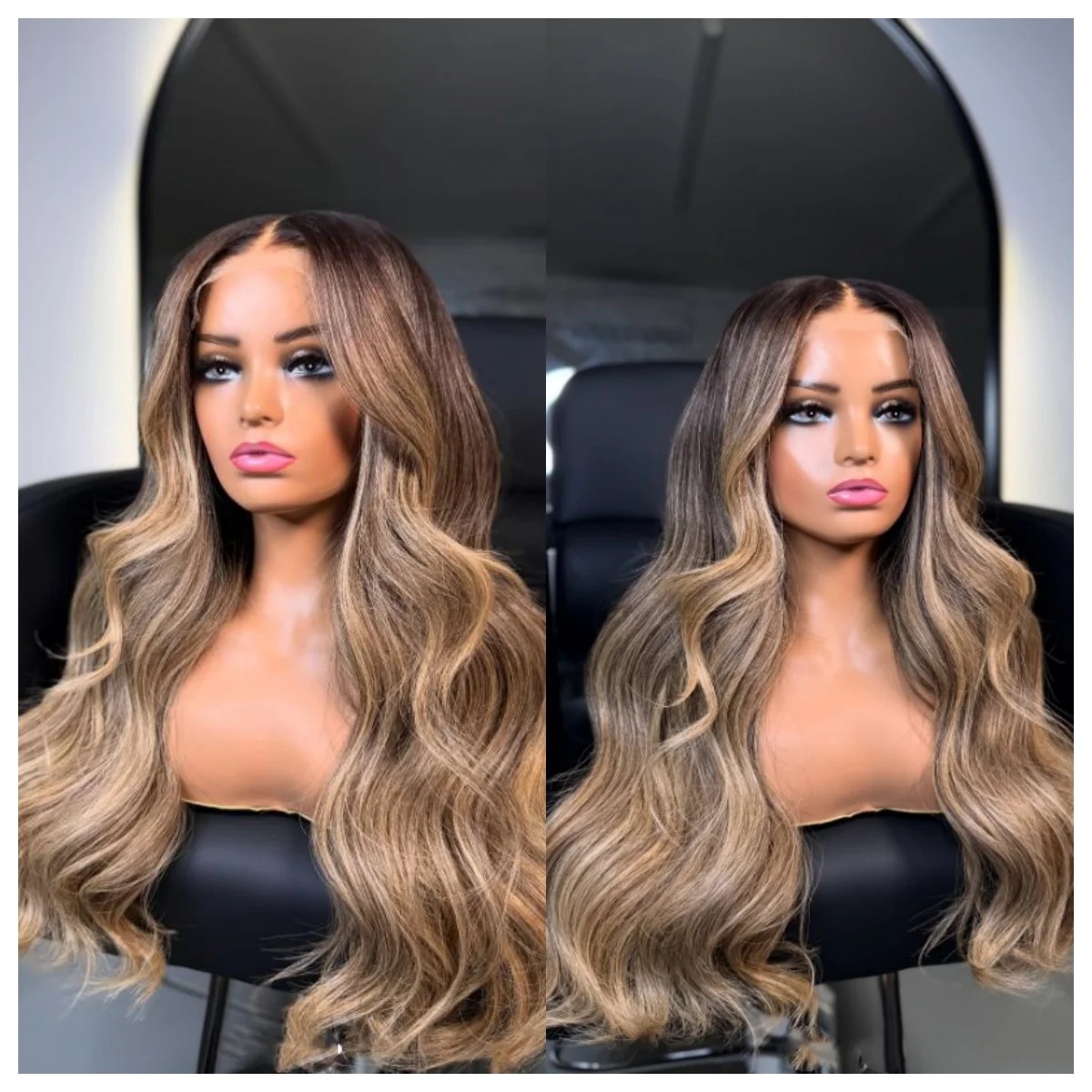 

24'' Ombre Dark Roots Brown Wig Mix Blonde Highlights Synthetic Wig Middle Part Wigs Museum Hairloss Alopeica Wig Handmade wig