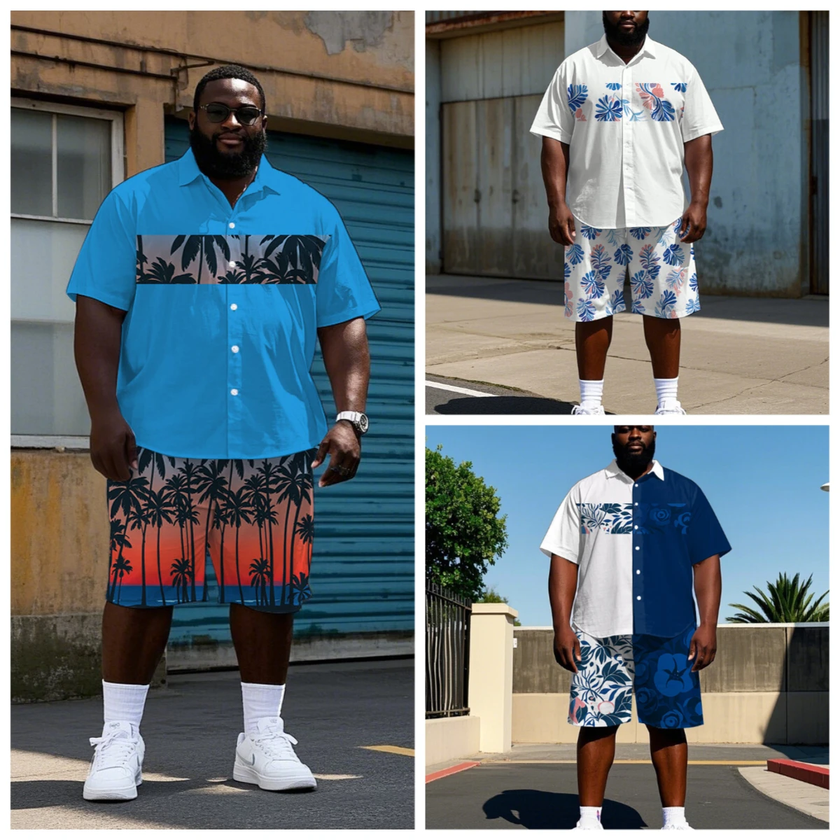 

S-9XL Big and Tall Men Abstract Floral & Sunset Palm Print Hawaiian Shirt Shorts Set