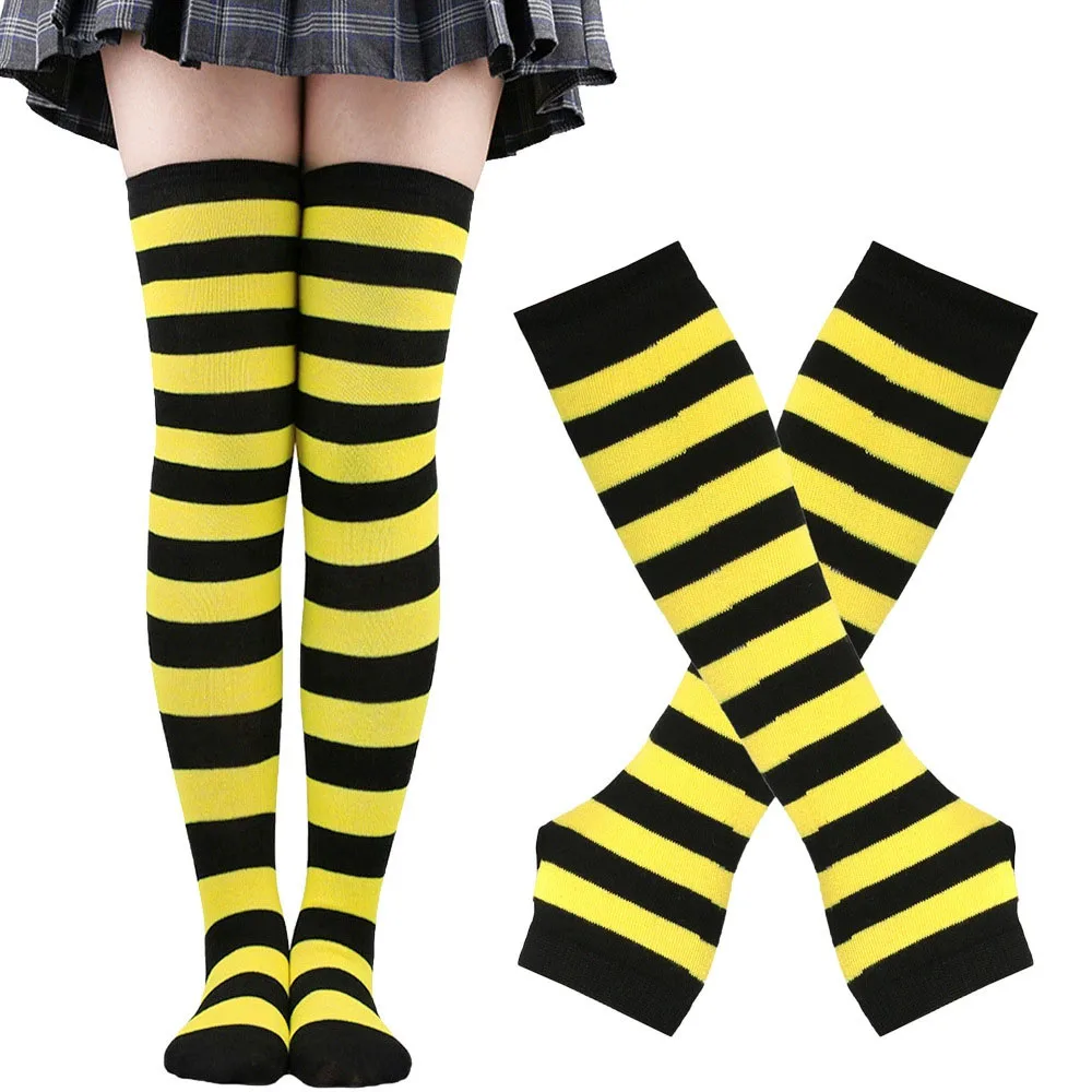 1 Set Women Gothic Punk Over Knee Long Stripe Socks Arm Sleeve Gloves for Girl Thigh High Cotton Socks Sweet Cute Christmas Gift