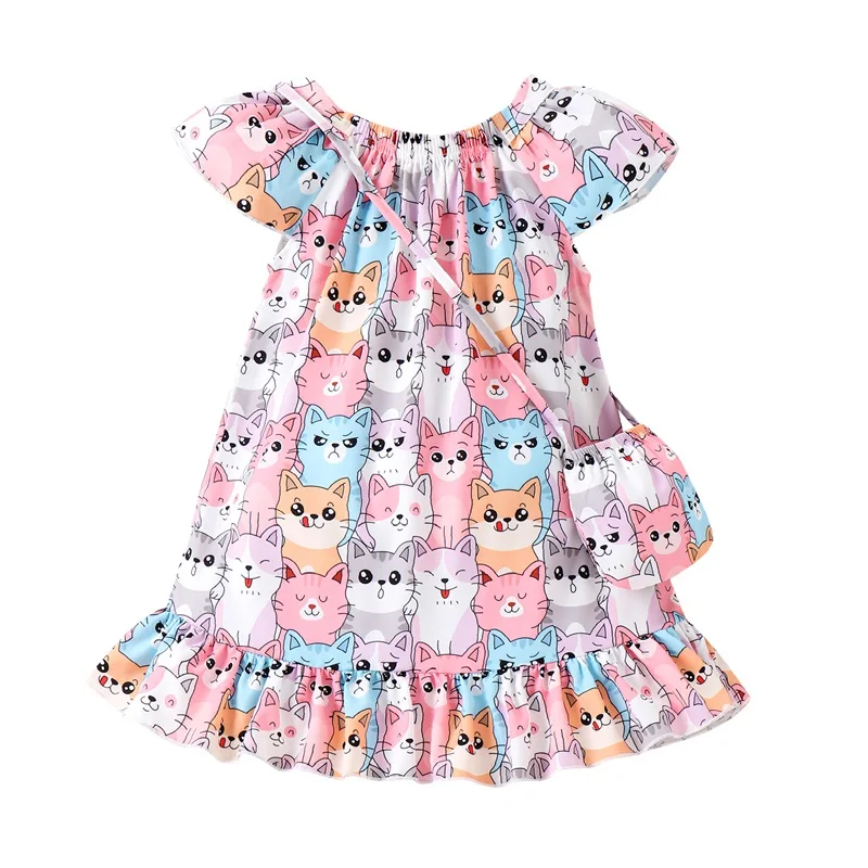 4-7Y Kids Girls Summer Dress Short Sleeve Cartoon Cat Dog Print Party A-Line Dress and Crossbody Bag 2PCS Casual Clothes