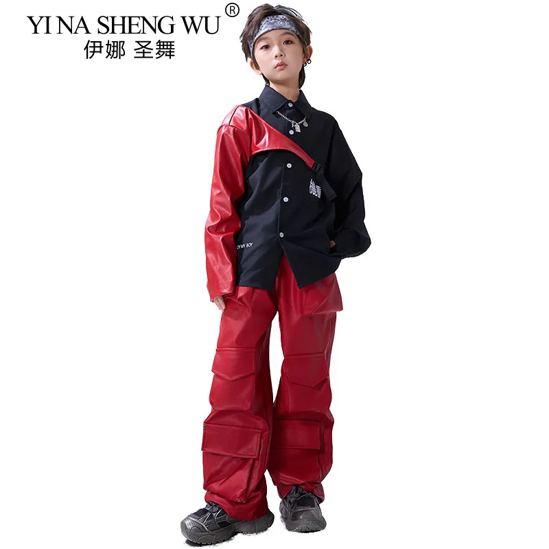 Trajes de jazz infantil meninos e meninas hip-hop na moda dança de rua vermelho-preto terno crianças moda k-pop palco desempenho traje