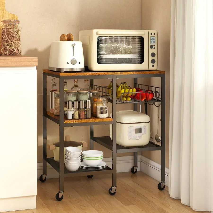 

4Tier Kitchen Microwave Cart with Wheels, Adjustable Microwave Stand with Storage, Mobile Bakers Rack amp Rolling C Customizable
