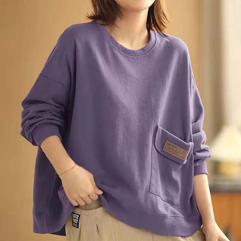 Puur katoenen lang Sve-sweatshirt Casual ronde Ne-pullover Lente Herfst Faionable Veelzijdige losse top voor dames
